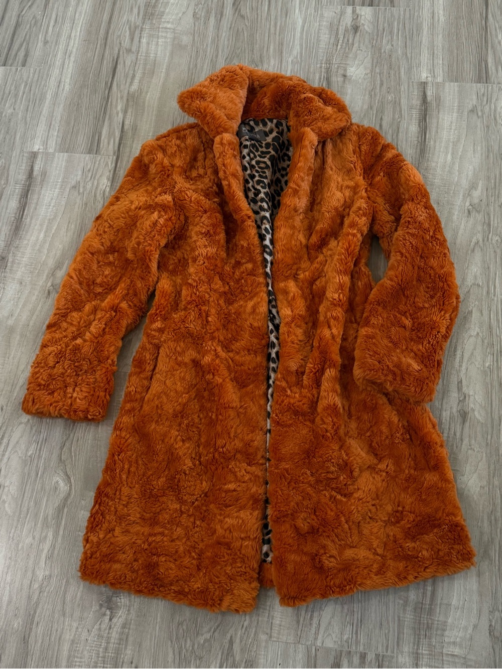 Rust Faux Fur Long Coat with Leopard Lining - Women